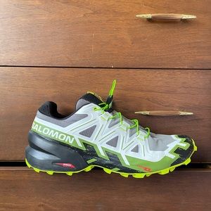 Size 11.5 . Lime green, white, dark grey, black. Salomon trail running shoes.